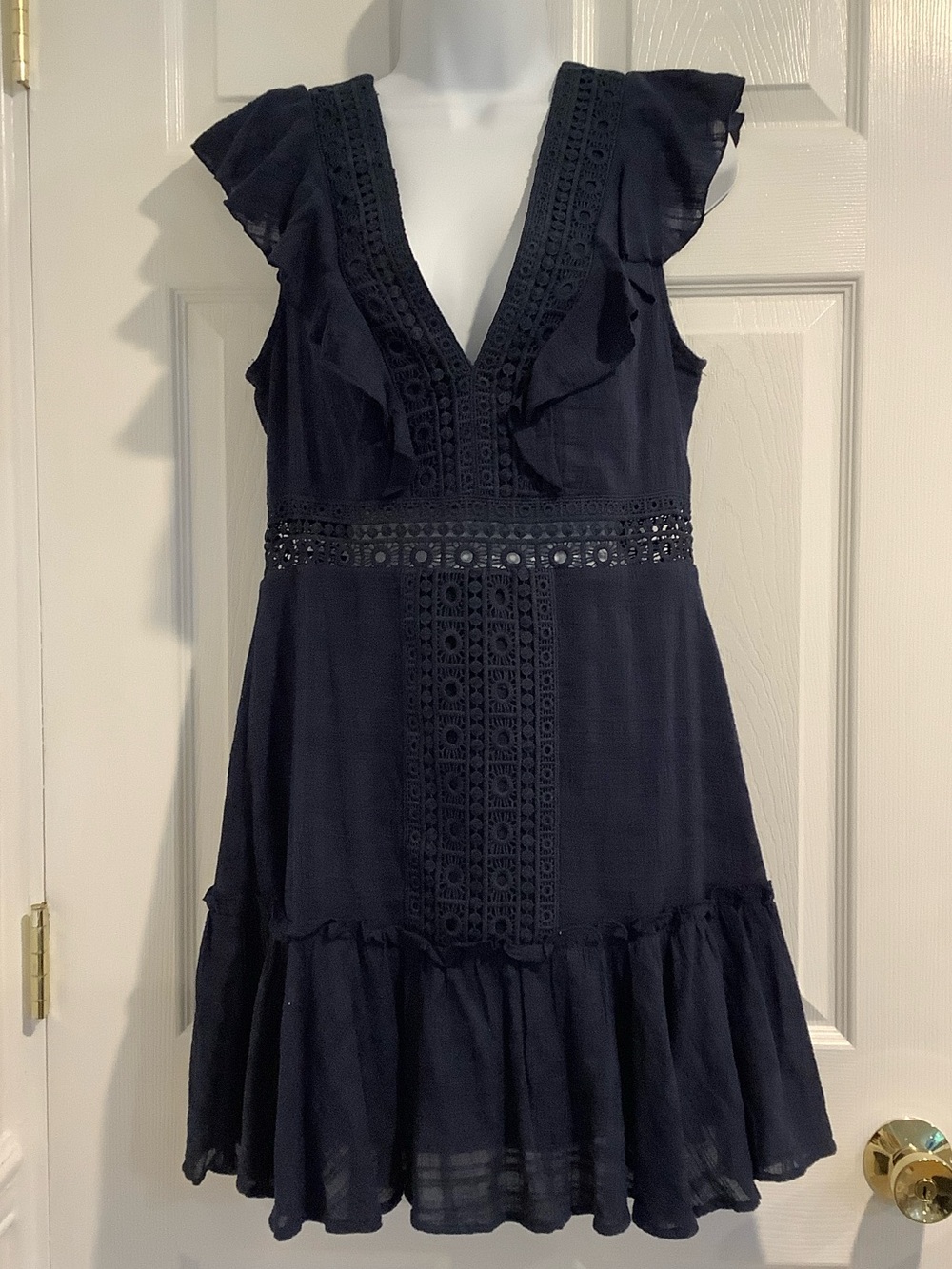 NWT JUN & IVY Navy Blue Ruffled Boho Crocheted Lace Summer Wedding Guest Dress L